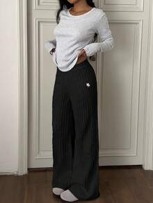 CovetEZ Women's Knight Pattern Elastic Waist Straight Loose Casual Knit Pants,Fall Pants Wide Leg Pleated Pants