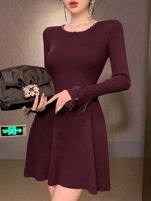 DAZY Women's Solid Color Round Neck Raglan Sleeve Fashionable Fitted Ruffle Hem Knit Sweater Dress Prom Dress - Red Violet - View 1