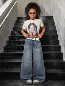 SHEIN 少女Y2K时尚90年代高腰星形拼接流苏低腰破洞宽松阔腿牛仔裤，毛边裤脚和斜插口袋，休闲学院风，舒适时尚简约实用百搭柔软面料，秋冬返校季，秋季，街头风，Y2K宽松牛仔裤，阔腿牛仔裤，宽松牛仔裤，Y2K复古水洗牛仔宽松牛仔裤，街头牛仔裤 - 中等水洗藍 - 查看 7