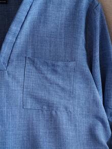 Rusticease 大码女式纯色V领卷袖衬衫，女式西装 - 藍色 - 查看 6