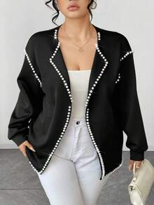 Elenzga 永不过时：哥特式预科风，融入周三元素。拥抱你内心的阴影，展现女性的暗黑时尚。大码女式优雅针织长袖串珠装饰黑领开衫 - 黑色 - 查看 4