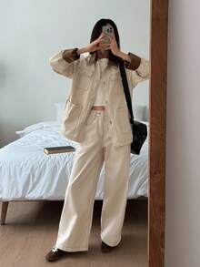 DAZY Ensemble en jean décontracté pour femmes avec veste en jean ample à poches et jeans droits