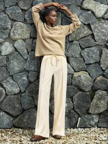 Lumivelle 女士休闲柔软宽松直筒抽绳裤，秋季 - 杏色 - 查看 7