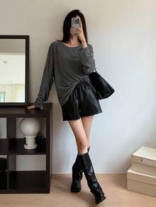 DAZY Maglietta casual basic a maniche lunghe con scollo a equipaggio, vestibilità morbida, da donna