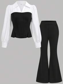 Girlism 少女优雅梭织拼布衬衫上衣和黑色喇叭裤套装 - 黑與白 - 查看 2