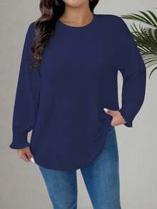 EMERY ROSE Áo sơ mi dệt kim cổ tròn tay dài thường ngày cỡ lớn dành cho nữ - Màu xanh hải quân - Xem 3