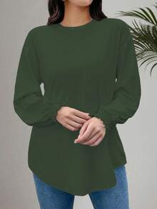 EMERY ROSE Plus Size Women Knitted Crew Neck Cable Sleeve Casual Shirt - Green - View 1