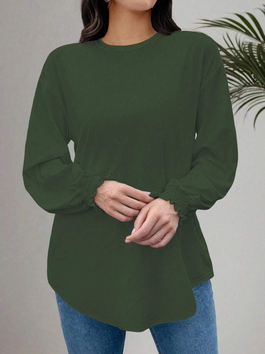 EMERY ROSE Plus Size Women Knitted Crew Neck Cable Sleeve Casual Shirt - Green - View 1