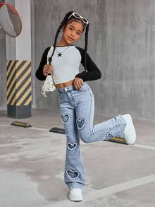 Jeans pitillo para niñas preadolescentes con bordado de corazón desgastado, pantalones vaqueros de denim azul claro lavado casual