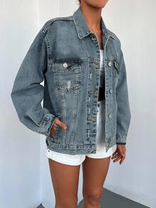 Cottnline Áo khoác denim rách vai 98% cotton có túi nắp - Rửa trung bình - Xem 4