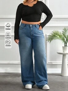 EURMUSE Casual 100% Cotton Plus Size Wide Leg Jeans Y2k Jeans Oversized Jeans High Waisted Jeans Baggy Jeans - Light Wash - View 1