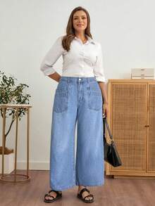 EMERY ROSE 大码女式高腰双口袋阔腿宽松休闲牛仔裤 - 淺色水洗藍 - 查看 4