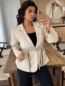 Weeklong Plus Size Casual Minimalist Blazer With Adjustable Drawstring Waist - Apricot - View 4