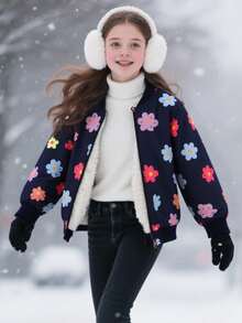 SHEIN 少女甜美清凉保暖外套，时尚印花休闲外套，适合上学、日常穿着和外出游玩 - 藏蓝色 - 查看 5