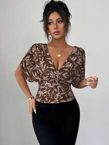 Elenzga 女式植物印花蝙蝠袖百褶腰时尚衬衫 - 咖啡棕 - 查看 3