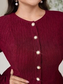 Modelyn 大码女式优雅圆领长袖单排扣上衣和修身中长裙两件套，秋季 - 紅色 - 查看 6