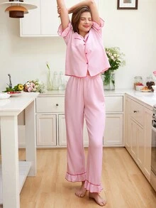 Women's Color Blocked Short Sleeve Pajama Set Holiday Season - Pink - View 5