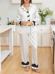 Snug Reverie Bộ đồ ngủ ren trang trí nơ lụa giả cho nữ, chi tiết ấm cúng và thanh lịch, trang phục mùa thu - Màu be - Xem 5