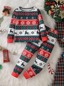 SHEIN Young Boy Minimalist Christmas Festive Pattern Long Sleeve Snug Fit Top And Pants Pajama Setsnug Fit" Kids Christmas Pajama Family Christmas Pajamas Fall Winter - Multicolor - View 10