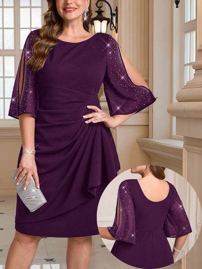 Gownix Plus Size Women's Rhinestone Embellished Split Sleeve Party Dress