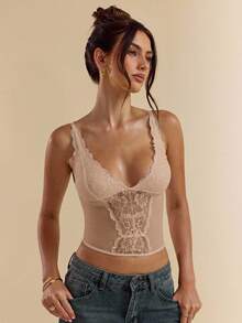 SHEIN BAE 女士黑色性感蕾丝多功能时尚单品束身胸衣背心，适合外出、约会、主题派对、音乐会、新年夜、圣诞派对等场合。 - 卡其色 - 查看 7