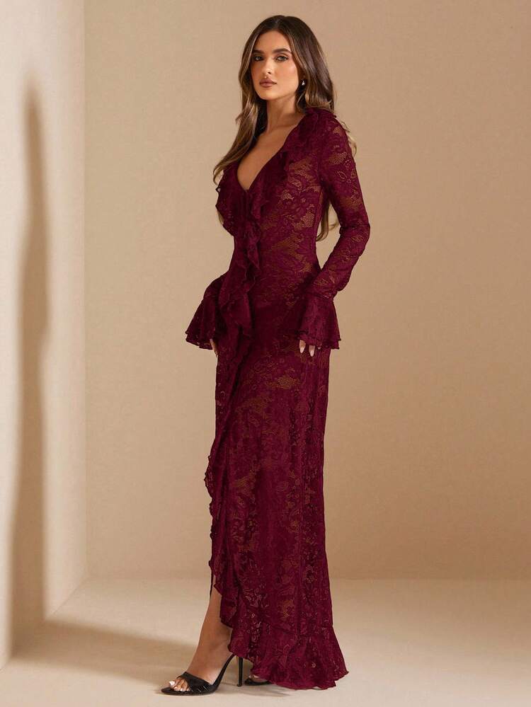 SHEIN BAE فستان أنيق طويل الأكمام بياقة عميقة على شكل V مع كشكشة، أبيض سادة، أنيق وبسيط، مناسب لفصل الصيف والربيع المبكر، فستان للعطلات، حفلات الزفاف، حفلات الخطوبة، المناسبات الرومانسية، عيد الحب، الحفلات، الاستخدام اليومي، عيد الميلاد - عنابي اللون - مشاهدة 4