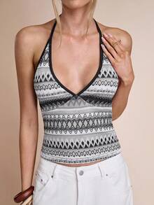 SHEIN BAE Women's Casual Versatile Sexy Fitted Halter Backless Crop Top