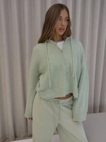 MUSERA Zip Up Drawstring Fluffy Knit Hooded Cardigan Classy Cute Sexy Streetwear Night Out Winter Evening Party Elegant Spring Sweater - Green - View 5