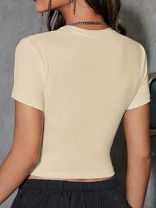 INAWLY Women's Cat Printed Round Neck Short Sleeve Cropped Casual T-Shirt, Summer Graphic Tees Women Tops - Beige - View 2