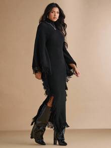 Silquee 女式纯色高领流苏袖口修身优雅针织连衣裙，秋季 - 黑色 - 查看 6