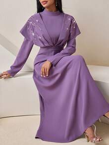 Veilorie Women's Stand Collar Sequin Design Long Sleeve Pleated Elegant Arabic Dress - Purple - View 1