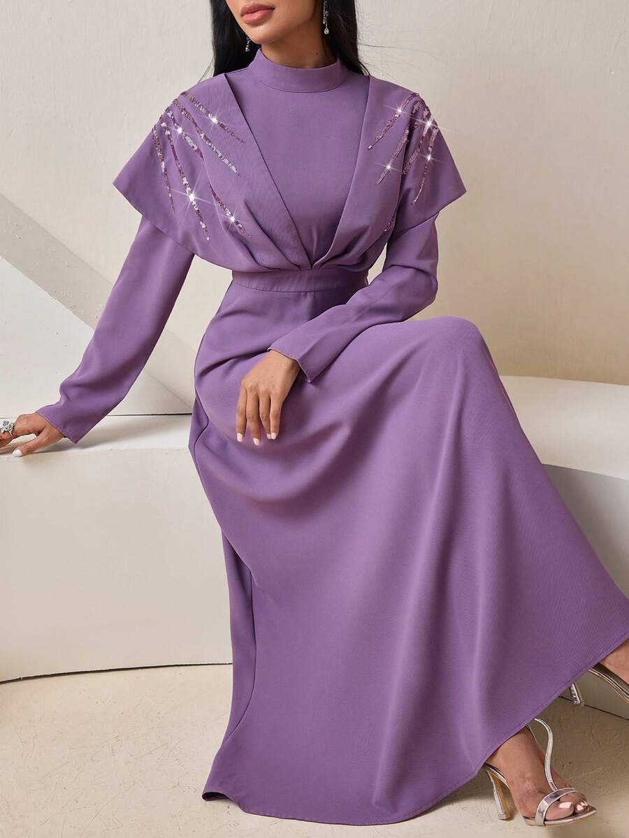 Veilorie Women's Stand Collar Sequin Design Long Sleeve Pleated Elegant Arabic Dress - Purple - View 1