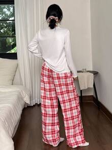 SHEIN 2 件蝴蝶结和格子印花针织长袖上衣和裤子睡衣套装，秋季服装 - 彩色 - 查看 2