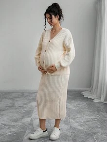 Momance Maternity Solid Color Drop Shoulder Long Sleeve Single-Breasted Knit Cardigan And Adjustable Waist Knit Midi Skirt Casual Suit, Autumn