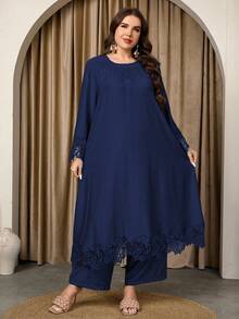 Graceveil 女士圆领长袖长上衣和直筒裤蕾丝拼接宽松休闲高端舒适大码套装 - 藏蓝色 - 查看 6