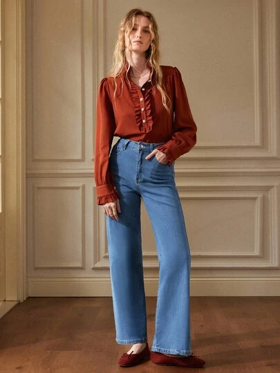 Écloséra 休闲洗水简约高腰直筒牛仔裤