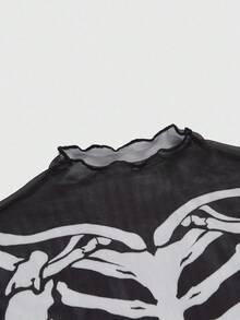 ROMWE Halloween Gothic Skeleton Flocked Sexy Sheer Mini Dress For Women - Black - View 3