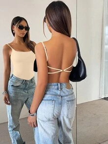 INAWLY 女士露背紧身吊带连身衣，性感休闲舒适 - 杏色 - 查看 3