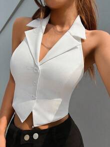 SHEIN EZwear 秋冬女士白色编织 V 领无袖西装外套，正面有纽扣，背面有露背 - 白色 - 查看 1