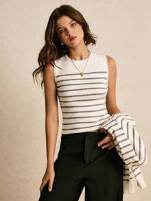 Poéselle 女士条纹长袖针织开衫和无袖针织上衣休闲两件套，秋季 - 灰色 - 查看 3