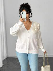 Elenzga Plus Size Women's V-Neck Button Handmade Floral Casual Open Cardigan Sweater, Autumn/Winter Fall