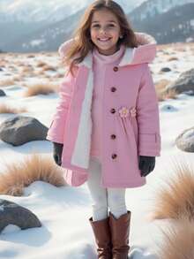 Elladie kids 1 szt. Dziewczęca kurtka średniej długości, dziecięca wiatrówka z długim rękawem, tkana, gruba, różowa, z 3D kwiatowym wzorem dla dodatkowej słodyczy, ogólnie świeży i uroczy styl, odpowiednia na jesień/zimę, luźny krój, odpowiedni na różne okazje, takie jak wakacje, podróże, codzienne noszenie - Różowy - Zobacz 1