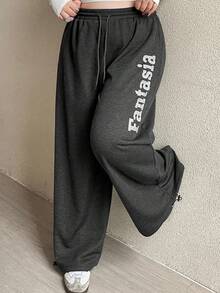 Dazy Plus Letter Print Washed Distressed Loose Streetwear Style Plus Size Women Long Jeans, All Season Jogging Pants Sweatpants Women Joggers - Black - View 1