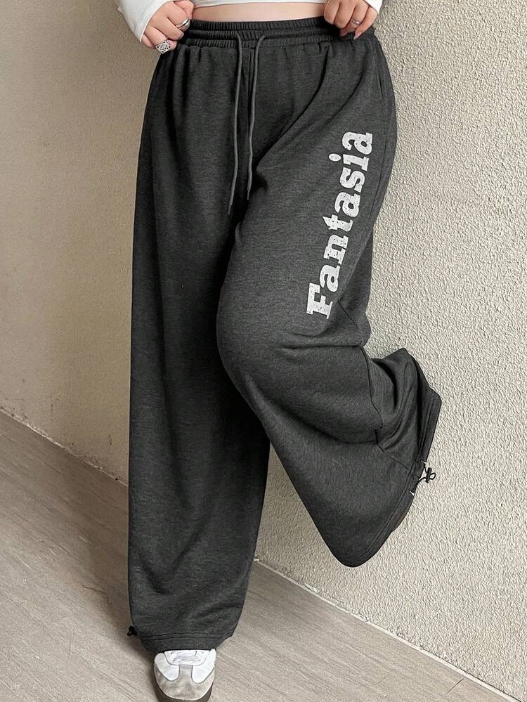 Dazy Plus Letter Print Washed Distressed Loose Streetwear Style Plus Size Women Long Jeans, All Season Jogging Pants Sweatpants Women Joggers