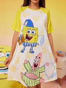 SpongeBob SquarePants | SHEIN 女士可爱卡通印花撞色插肩袖宽松睡衣连衣裙，夏季，哞哞睡裙 - 黃色 - 查看 1