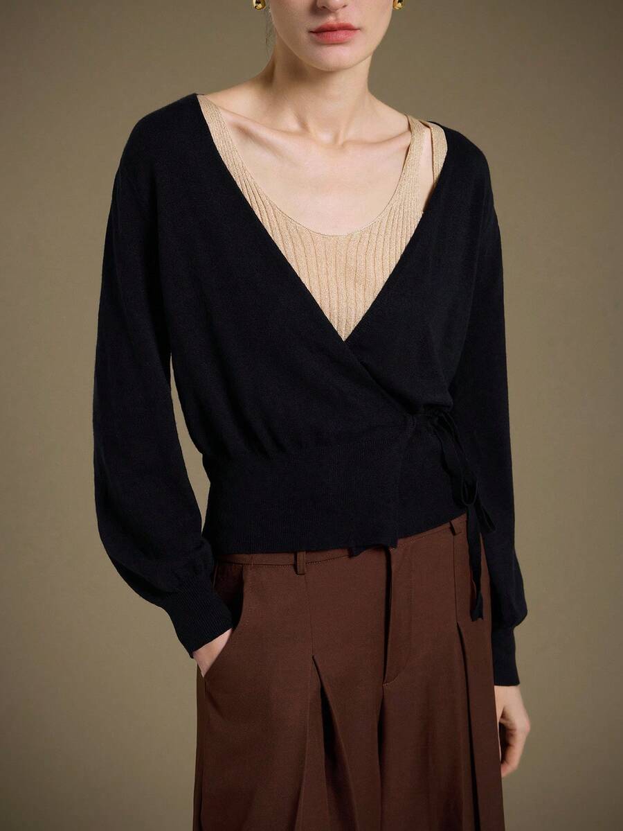 Ontre 2025秋冬新款黑色裹身系带侧蝴蝶结V领长袖针织开衫，现代优雅都市浪漫西部朋克Y2K乡村音乐节复古韩国机场旅行街头婚礼嘉宾生日万圣节商务休闲办公室约会派对外出机场返校秋冬女装