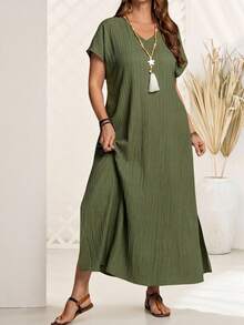 EMERY ROSE 大码V领蝙蝠袖短袖直筒宽松休闲连衣裙，夏季服装，女士度假装/波西米亚风女装 - 軍綠色 - 查看 6