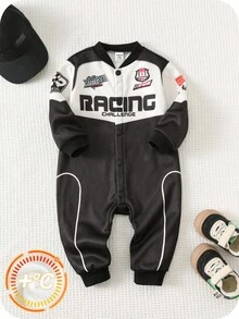 SHEIN 男婴加厚撞色字母印花拼接时尚可爱赛车连体裤，舒适百搭时尚休闲，适合秋冬季室内、户外滑雪、日常、运动、玩耍、派对、摄影 - 黑色 - 查看 7