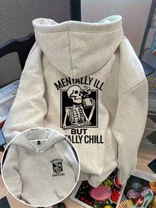 EMERY ROSE Plus Size Women's Slogan And Skull Print Dropped Shoulder Long-Sleeved Casual Sweatshirt Winter Fall Autumn Halloween - Light Grey - View 1