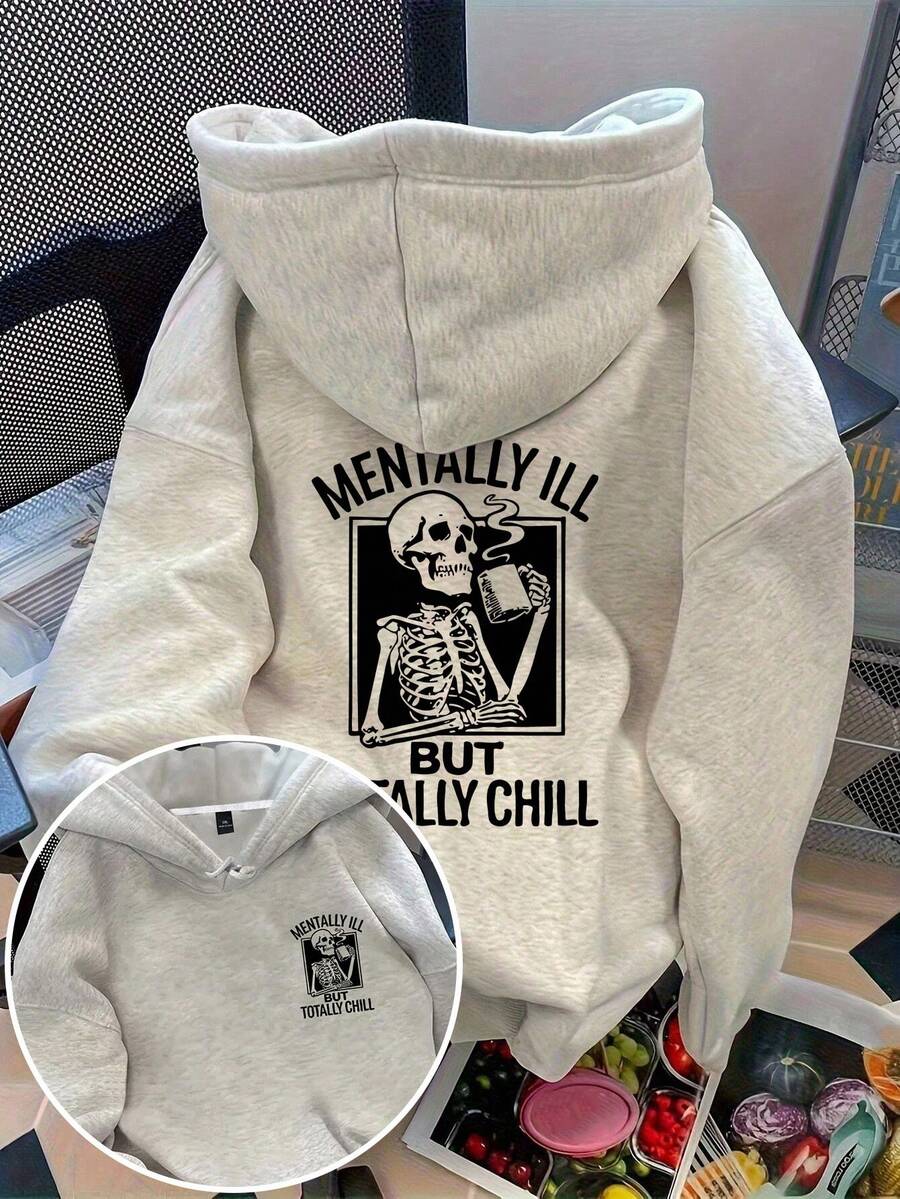 EMERY ROSE Plus Size Women's Slogan And Skull Print Dropped Shoulder Long-Sleeved Casual Sweatshirt Winter Fall Autumn Halloween - Light Grey - View 1